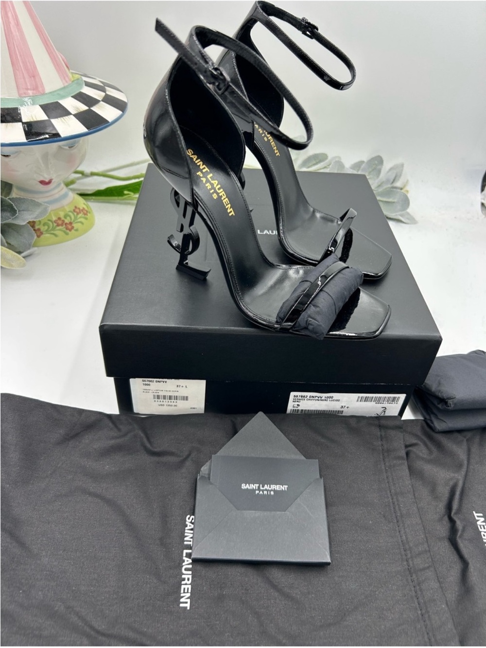 Saint Laurent YSL  Black Patent  Opyum Logo-Heel Ankle-Strap Sandals. Size 37.5